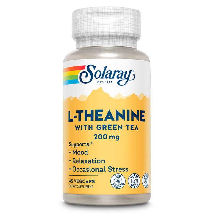 SOLARAY L-Theanine 200mg with Green Tea - Healthy Mood, Relaxation and Occasional Stress Support - Lab Verified, Vegan, Gluten Free - 45 Servings, 45