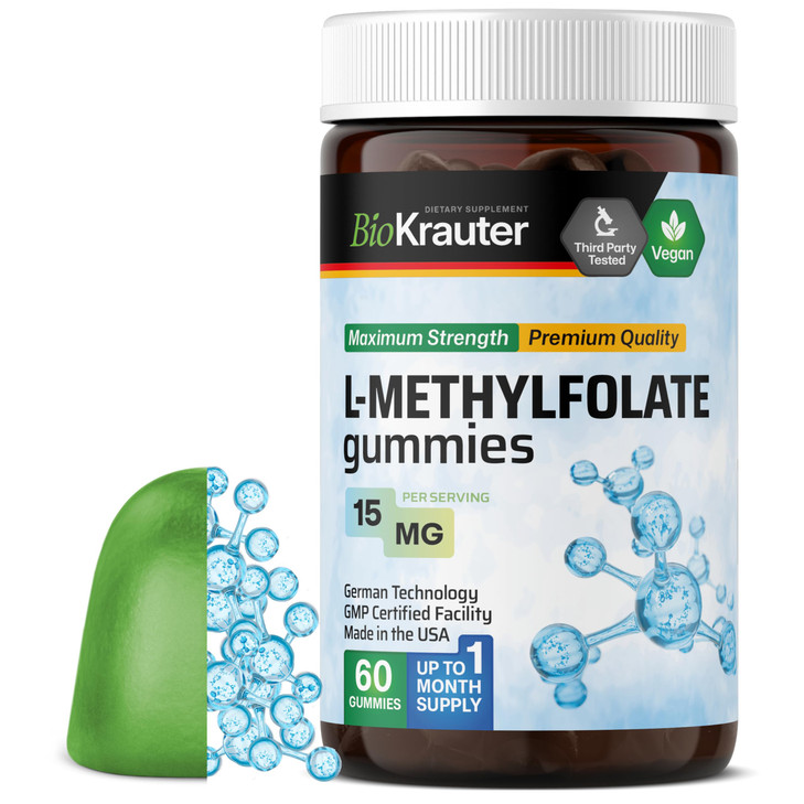 BIO KRAUTER L Methylfolate Gummies - 25 mg DFE - 60 Vegan Chews - MTHF Supplement - Folate Supplement - Folic Acid Gummies (Vitamin B9) - Gelatine-Fr