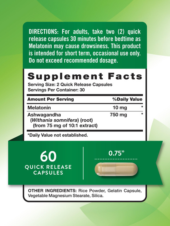 Nature's Truth Melatonin 10mg with Ashwagandha | 60 Capsules | Non-GMO & Gluten Free Supplement for Adults