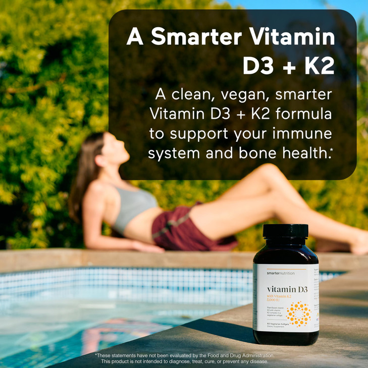 SMARTERNUTRITION Vegan Vitamin D3 5000 IU + Natural Vitamin K2 1100 mcg in Organic Coconut & Olive Oil - D3 K2 Supplement for Immune & Bone Support -