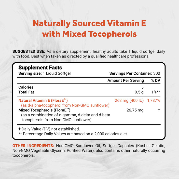 Naturalis Sunflower Vitamin E 268mg (400 IU) with Mixed Tocopherols | Essential Skin Vitamin & Immune Support | Non-GMO, Soy & Gluten Free | 300 Soft