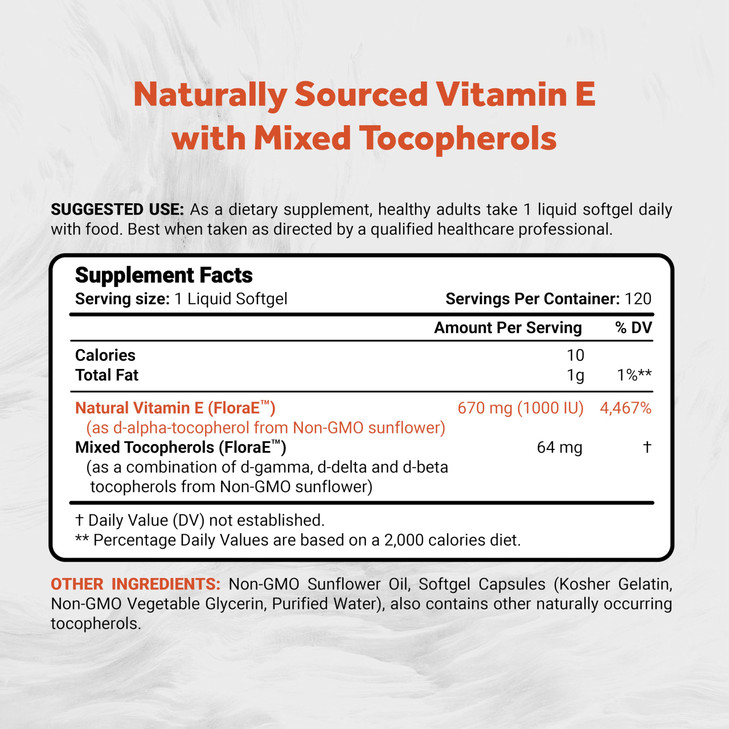 Naturalis Sunflower Vitamin E 670mg (1000 IU) with Mixed Tocopherols | Essential Skin Vitamin & Immune Support | Non-GMO, Soy & Gluten Free | 120 Sof