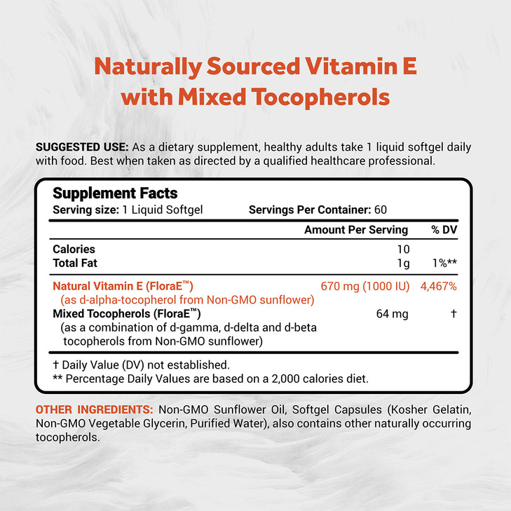 Naturalis Sunflower Vitamin E 670mg (1000 IU) with Mixed Tocopherols | Essential Skin Vitamin & Immune Support | Non-GMO, Soy & Gluten Free | 60 Soft