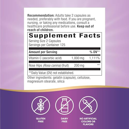 Nature's Way Vitamin C with Rose Hips, Antioxidant & Immune Function Support from vitamin C*, Promotes Collagen for Healthy Skin*, 1,000 mg per 2-Cap