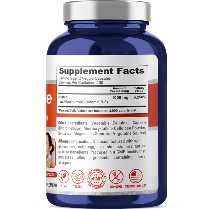 NusaPure Niacinamide 1000mg 200 Veggie Capsules (Non-GMO, Vegan) Flush Free