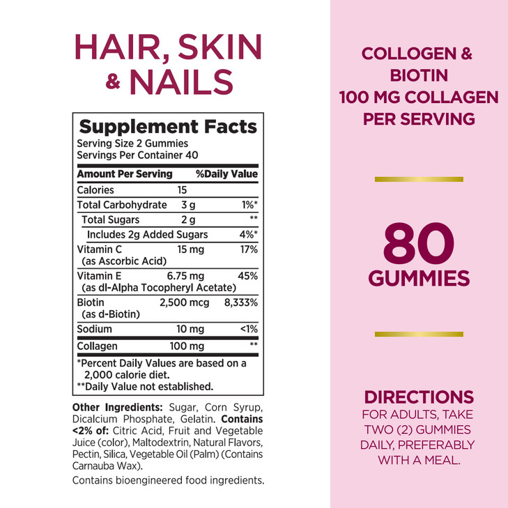Nature's Bounty Hair, Skin & Nails with Biotin and Collagen, Citrus-Flavored Gummies Vitamin Supplement, Supports Hair, Skin, and Nail Health for Wom