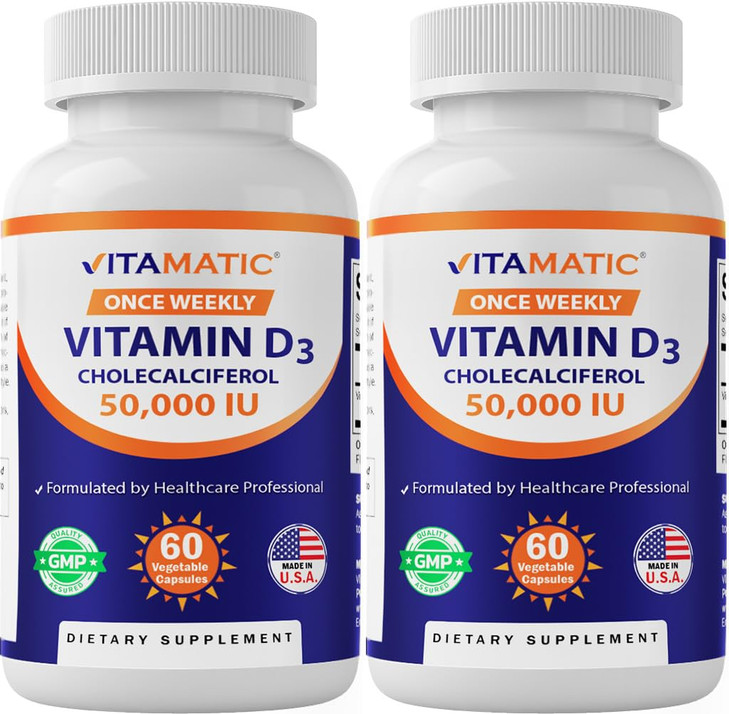 Vitamatic 2 Pack Vitamin D3 50,000 IU (as Cholecalciferol), Once Weekly Dose, 1250 mcg, 60 Veggie Capsules 1 Year Supply, Progressive Formula Helping