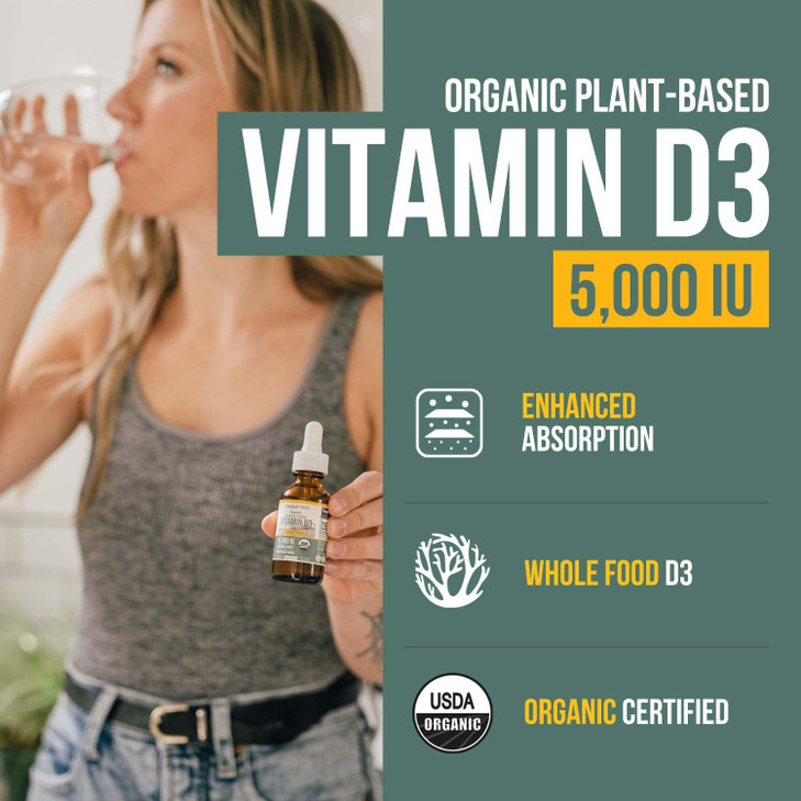 Plant-D3 Organic Vitamin D3 5000 IU - Vegan, Max Strength Sublingual Liquid D3 Drops - 200% Higher Absorption - 100% Plant-Based Cholecalciferol Form