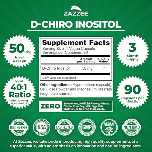 Zazzee D-Chiro-Inositol, 50 mg per Capsule, 90 Vegan Capsules, Ideal Dosage for 40:1 Ratio with Myo-Inositol, 3 Month Supply, 100% Vegetarian, Non-GM