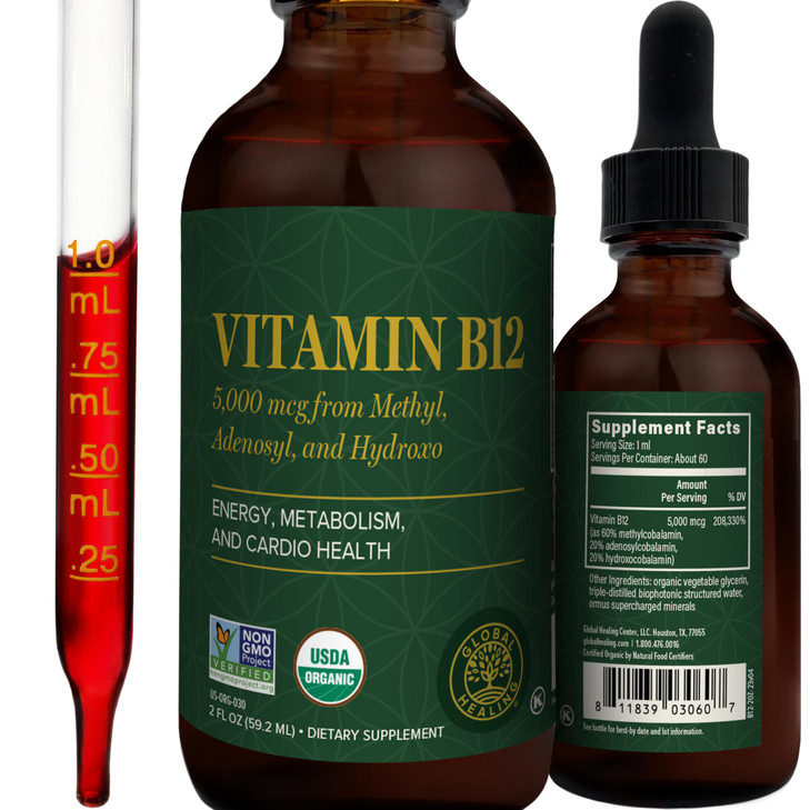 Global Healing - Organic Vitamin B12 5000 MCG Sublingual Liquid - Methylcobalamin, Hydroxo Blend & More - Methylated Drops for Adults - Vegan, Non-GM