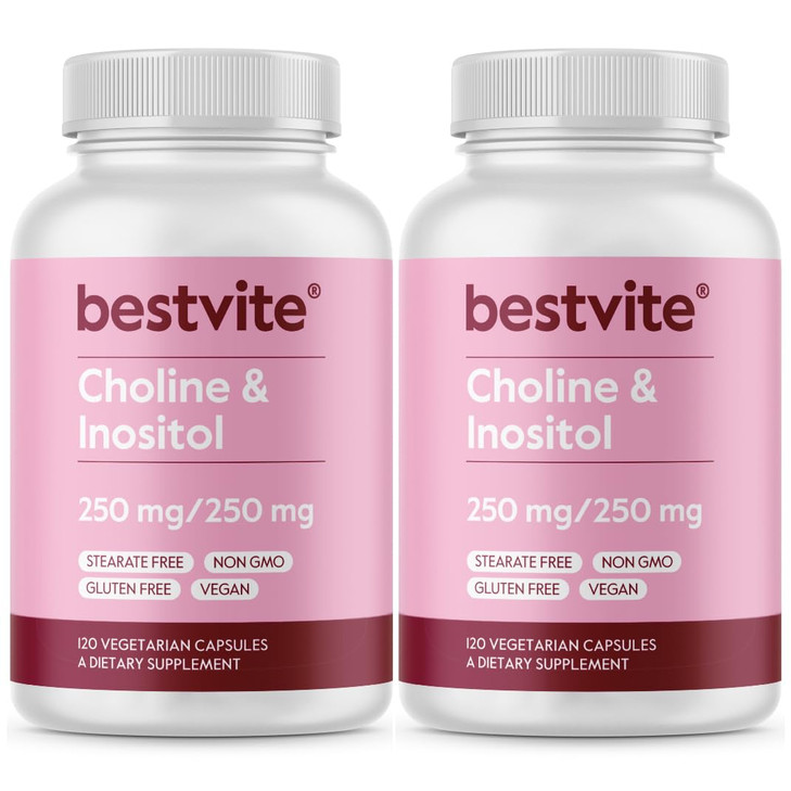 BESTVITE Choline Inositol 500mg (240 Vegetarian Capsules) (120 x 2) - No Stearates - No Dicalcium Phosphate - No Fillers - Vegan - Non GMO - Gluten F