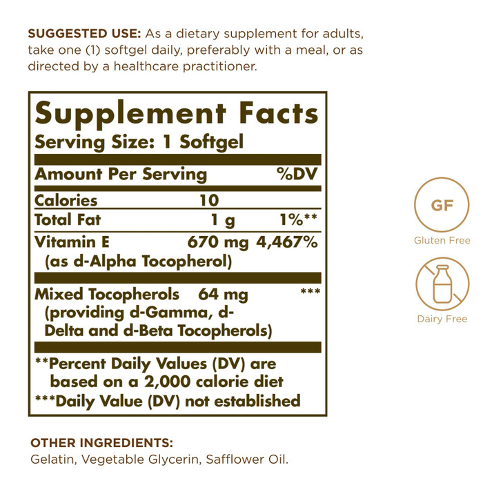 Solgar Vitamin E 670 mg (1000 IU) - 100 Softgels, Pack of 2 - Naturally Sourced - Gluten Free, Dairy Free - 200 Total Servings