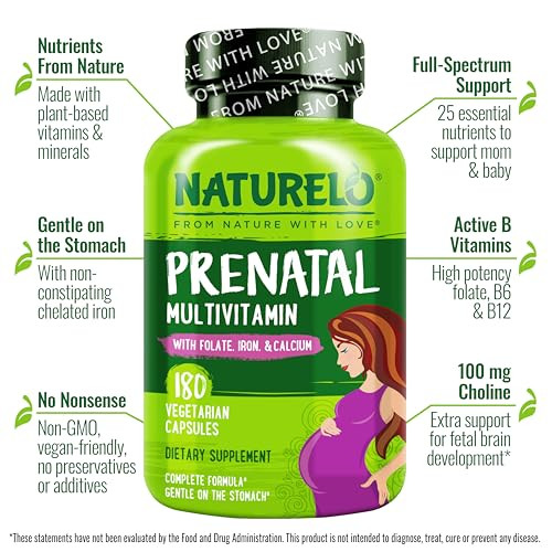 NATURELO Prenatal Multivitamin with Gentle Chelated Iron, Methyl Folate, Plant Calcium & Choline - Vegan, Vegetarian - Non-GMO - Gluten Free - 180 Ca
