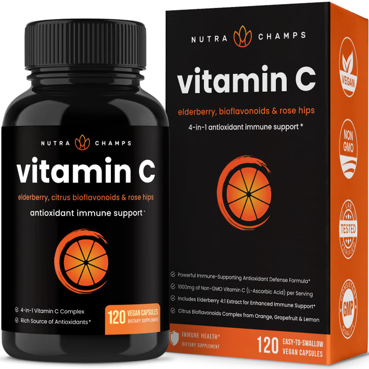 NutraChamps (2 Pack) Vitamin C 1000mg with Elderberry, Citrus Bioflavonoids & Rose HIPS - 120 Capsules Vegan, Non-GMO Antioxidant Supplement for Immu