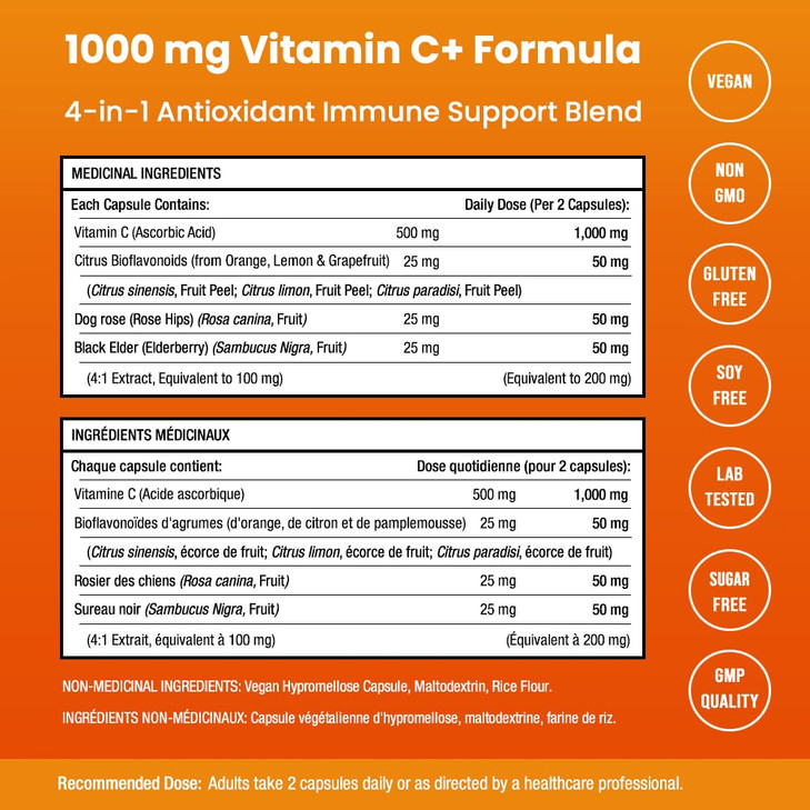 NutraChamps Vitamin C 1000mg with Rose HIPS, Vitamin C Supplement with Elderberry & Citrus Bioflavonoids, Kids Immune Boosting Supplement, 500mg Caps