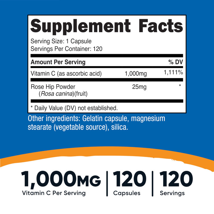 Nutricost Vitamin C with Rose Hips 1025mg, 120 Capsules - Vitamin C 1000mg, Rose Hips 25mg, Premium, Non-GMO, Gluten Free Supplement