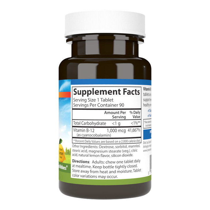 Carlson - Chewable B-12, 1000 mcg, Energy Production & Nerve Function, Optimal Wellness, Lemon, 90 Tablets