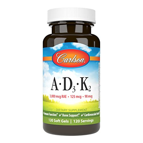 Carlson - Vitamins A, D3, K2, 3000 mcg RAE Vitamin A, 125 mcg Vitamin D3, 90 mcg Vitamin K2 as MK-7, Bone Building, Calcium Utilization, 120 Soft Gel