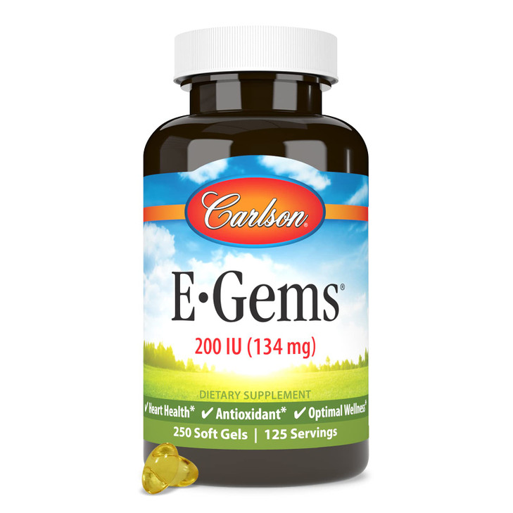 Carlson E-Gems 200 IU (134 mg), Natural-Source Vitamin E, Optimal Wellness, 250 Soft Gels