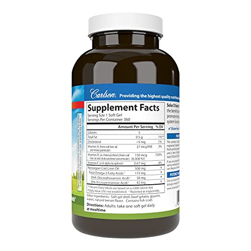 Carlson - Solar D Gems, Vitamin D3 and Omega-3 Supplement, 6000 IU (150 mcg) Vitamin D3, 115 mg Omega-3s EPA and DHA Supplement, Wild Caught, Sustain