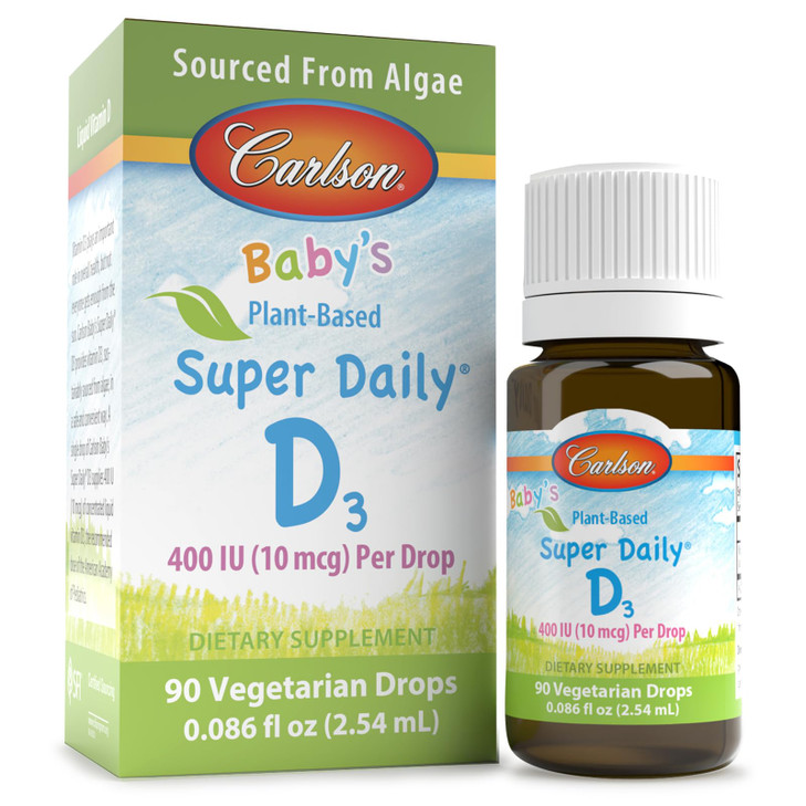 Carlson - Baby's Plant-Based Super Daily D3, Baby Vegetarian Liquid Vitamin D Drops, 400 IU (10 mcg) per Drop, Sourced from Algae, for Infants and To