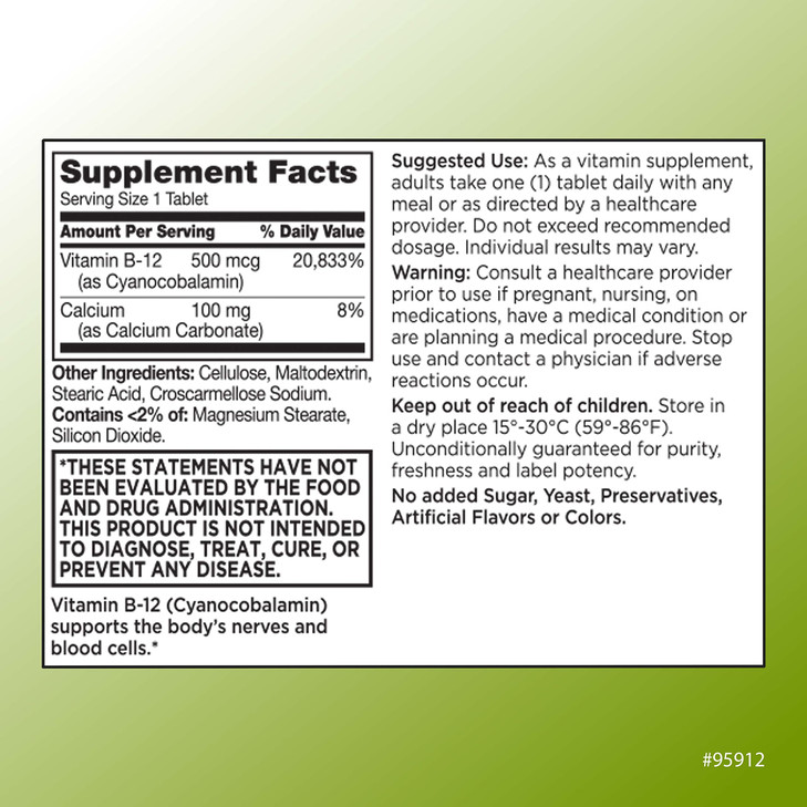 Quality Choice Vitamin B12 500 MCG, Energy, Metabolism, & Nervous System Support Supplement 100 Count Bottle of Tablets