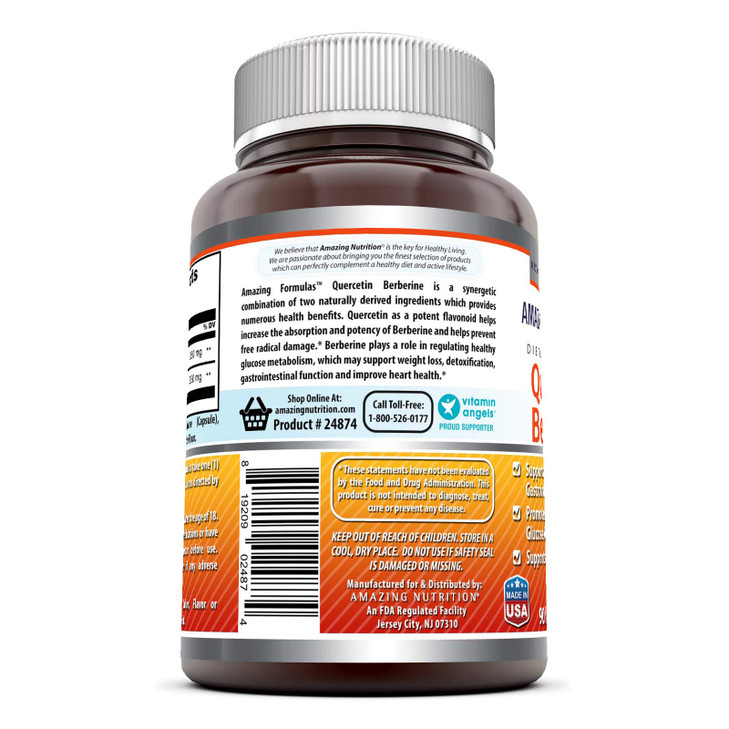 Amazing Formulas Quercetin Berberine | 250 mg Berberine and 250 mg Quercetin | Veggie Capsules Supplement | Non-GMO | Gluten Free | Made in USA (90 |