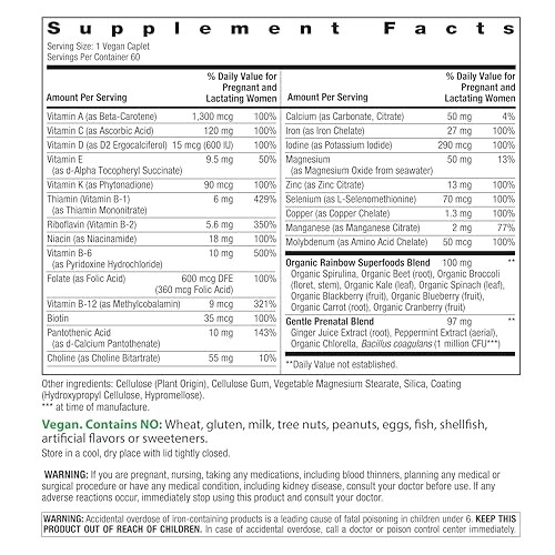 Rainbow Light Prenatal Multivitamin One + for Women | 60 Caplets | Essential Nutrition for Mom & Baby | Real Food Nutrients | Prenatal Botanical & Pr