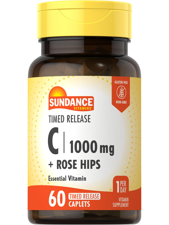 Sundance Vitamin C 1000mg with Rose Hips | 60 Coated Caplets | Timed Release | Vegetarian, Non-GMO, and Gluten Free Supplement