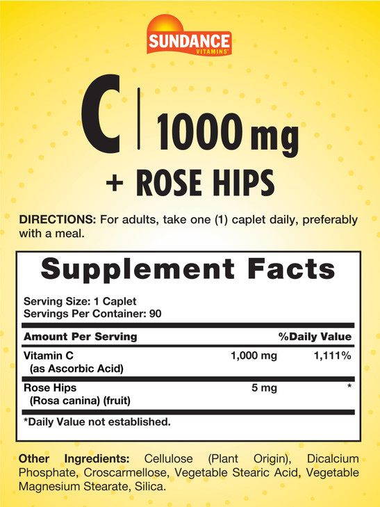 Sundance Vitamin C 1000mg with Rose HIPS | 90 Vegetarian Caplets | Essential Vitamin | Vegetarian, Non-GMO, and Gluten Free Supplement