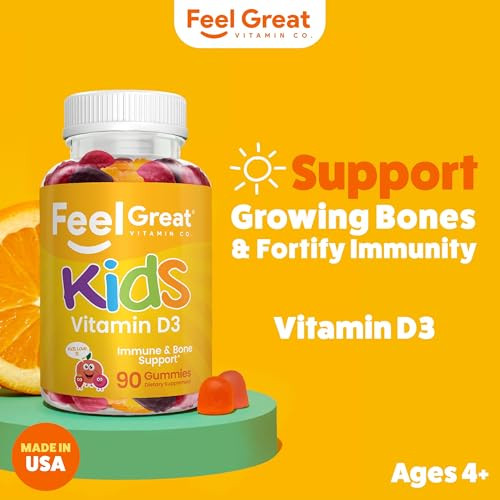 Feel Great Kids Vitamin D3 1000 IU | Kids Vitamin D Gummies for Healthy Bones, Mood, & Immune Support | Citrus Flavored Vegetarian D3 Gummies | 90 Da