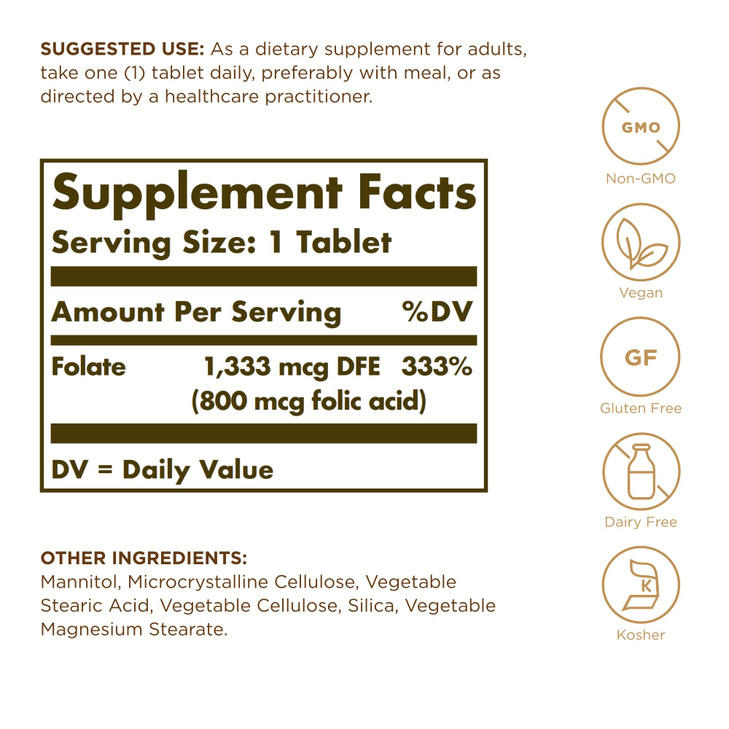 Solgar Folate 1,333 mcg DFE (Metafolin 800 mcg) - 100 Tablets, Pack of 2 - Prenatal Vitamin - Non-GMO, Gluten Free, Dairy Free, Kosher - 200 Total Se