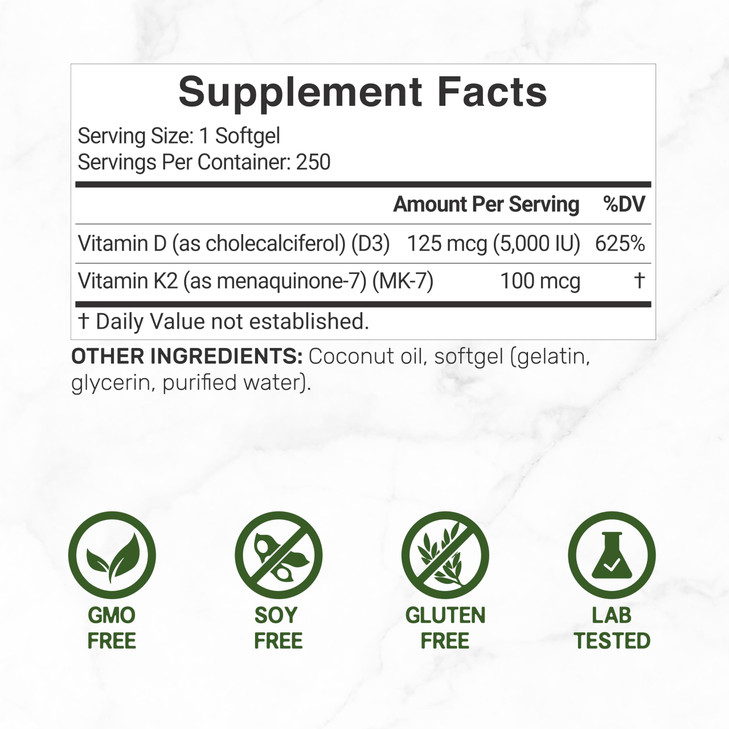 DEAL SUPPLEMENT Vitamin D3 5,000 IU + K2 MK7 100mcg Softgels | 2-in-1 Complex with Virgin Coconut Oil | Supports Heart, Bone, Teeth & Immune Health |