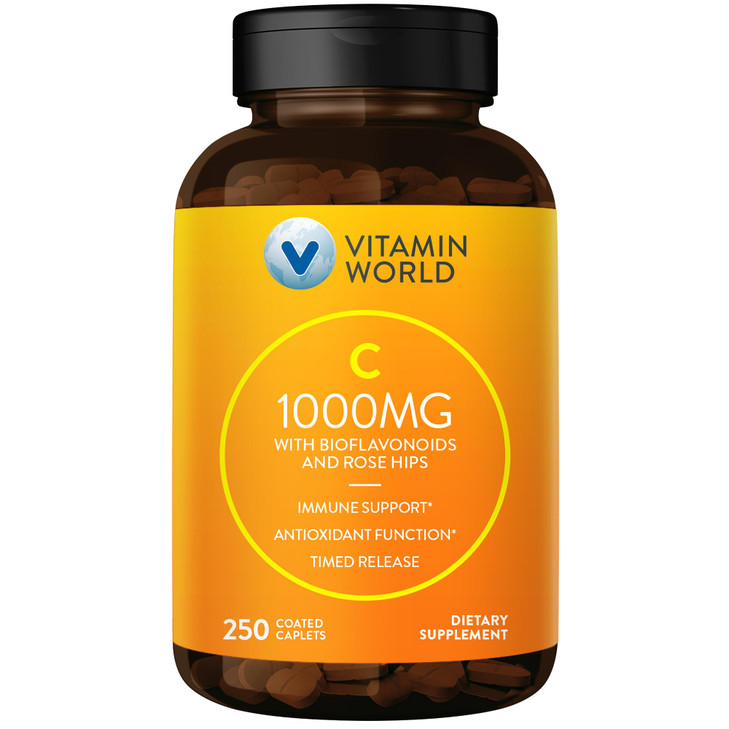 Vitamin World Vitamin C 1000 mg. Timed Release 250 Caplets, Bioflavonoids, Wild Rose HIPS, Vegetarian, Gluten Free