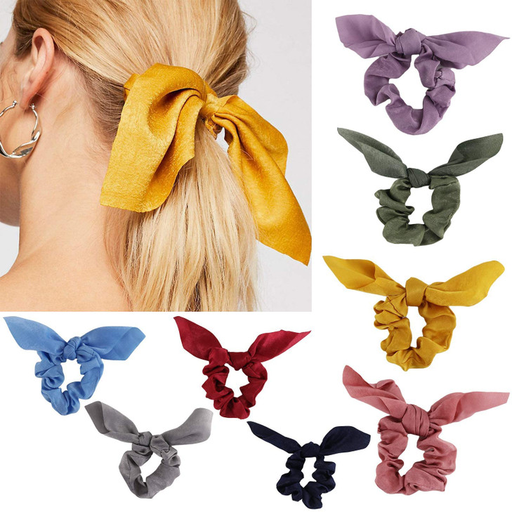 Bow Scrunchies For Long Hair - 8 Pcs Chiffon Satin Scrunchies Silk With Bow Scarf, Solid Stripe Flower Color, Ponytail Holder With Tail, Rabbit Bunny