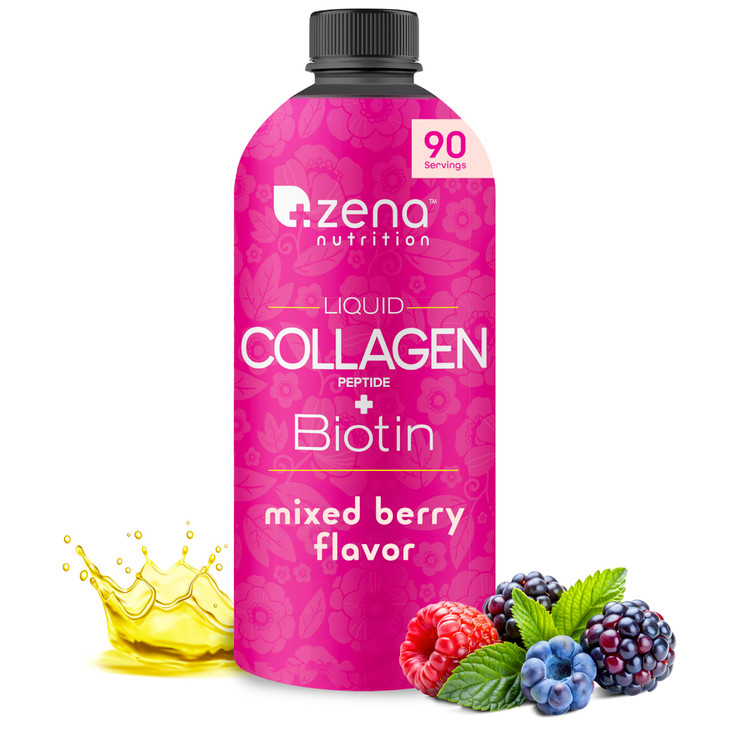Zena Nutrition Liquid Collagen Peptides and Biotin, 2500mg Verisol Bioactive Collagen Peptides, 5000mcg Biotin, Hair, Skin, Nail Supplement for Women