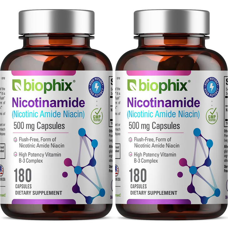 biophix B-3 Nicotinamide 500 mg 180 Caps 2 Pack - Nicotinic Amide Niacin Natural Flush-Free Vitamin Formula - Supports Skin Cell Health