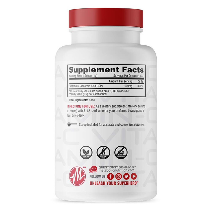 Metabolic Nutrition Vitamin C, 1000mg, Pure Pharma Grade, High Absorption Ascorbic Acid (100 g)
