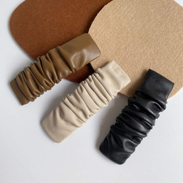 3 Pieces Pleated Design PU-leather Snap Hair Clips Classic BB Hair Clips Hairpin Hair Clips Rectangle Snap Hair Clips Hair Accessories for Women Ladi