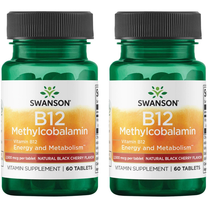 Swanson Vitamin B12 Methylcobalamin - Natural Black Cherry Flavored 2,500 mcg 60 Tabs (2 Pack)