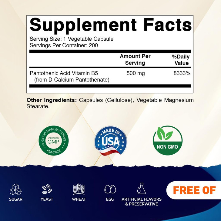 Vitamatic Pantothenic Acid (Vitamin B5) 500 mg- 200 Capsules