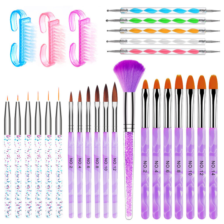 AROIC 28 Pcs Acrylic Nail Brush Set Including 7 Pcs UV Gel Nail Art Brushes, 6 Pcs 3D Nail Extension Brush, 5Pcs Double Ended Dotting Nail Pen For Na