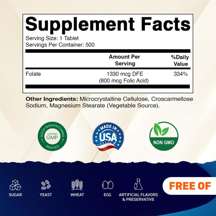 Vitamatic Folic Acid 800 mcg - 500 Vegetarian Tablets - Vitamin B9