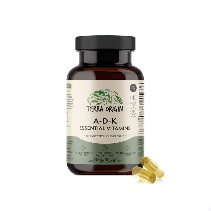 TERRA ORIGIN ADK Essential Vitamin Supplement | 60 Liquid Capsules | High Potency Vitamin A, D 5000 IU, K1 and K2 | Non GMO, Gluten Free, Vegan, Made