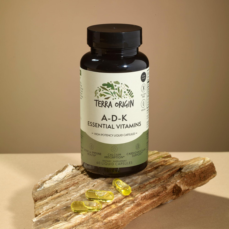 TERRA ORIGIN ADK Essential Vitamin Supplement | 60 Liquid Capsules | High Potency Vitamin A, D 5000 IU, K1 and K2 | Non GMO, Gluten Free, Vegan, Made