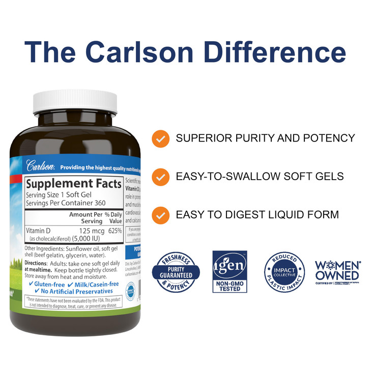 Carlson - Vitamin D3 5000 IU (125 mcg), Bone Health, Muscle Health, Cholecalciferol, Vitamin D Supplements, Vitamin D3 Soft Gels, 360 Softgels