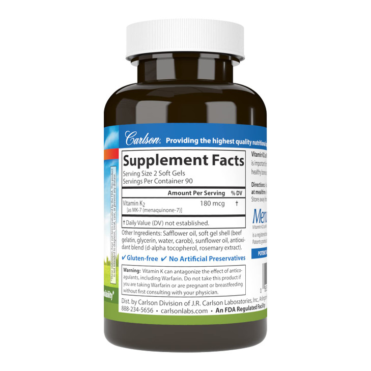Carlson - Vitamin K2 MK-7 (Menaquinone), 180 mcg, Bone Support, Calcium Bioavailability, K2 Vitamin, Vitamin K-2, 180 Softgels