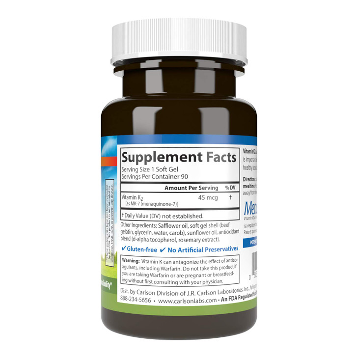 Carlson - Vitamin K2 MK-7 (Menaquinone), 45 mcg, Bone Support, Calcium Bioavailability, K2 Vitamin, Vitamin K-2, 90 Softgels