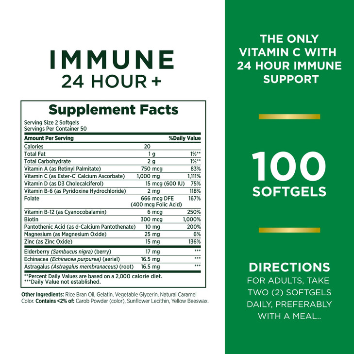 Nature's Bounty Vitamin C 24 Hour Immune Support with Zinc and Vitamin D, Daily Immune and Upper Respiratory Support, Ester Vitamin C 1000mg Capsules