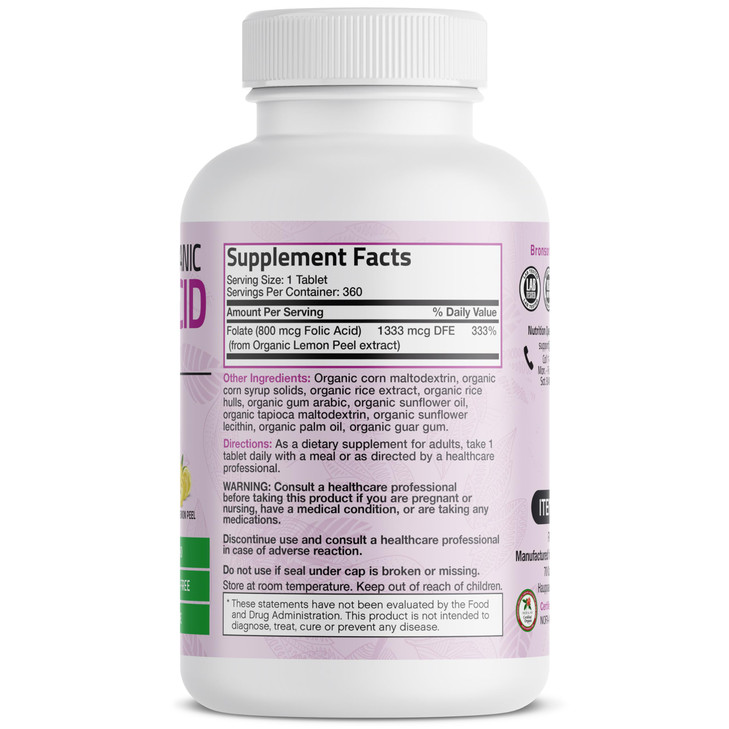 Bronson Organic Folic Acid (Vitamin B9 Folate) 800 mcg Folate from Lemon Peel 360 Tablets